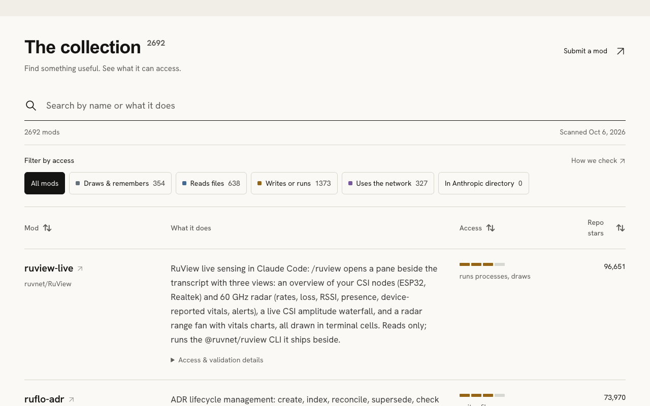 awesome-claude-code-modsのカタログサイト。各modの説明の横に、読み書き・プロセス実行・通信などのアクセス範囲が表示されている